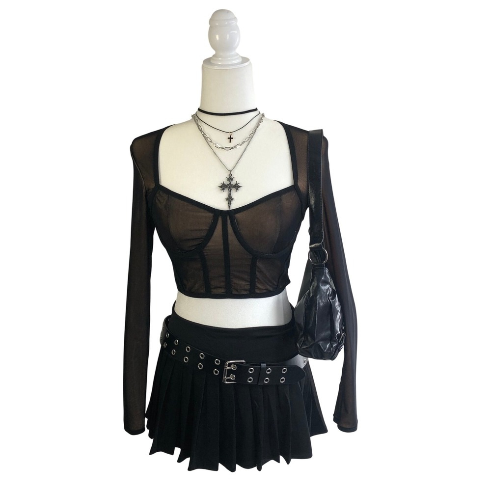 Edikted Black Sheer Mesh Long Sleeve Corset Bustier Crop Top Gothic Alt Y2K S